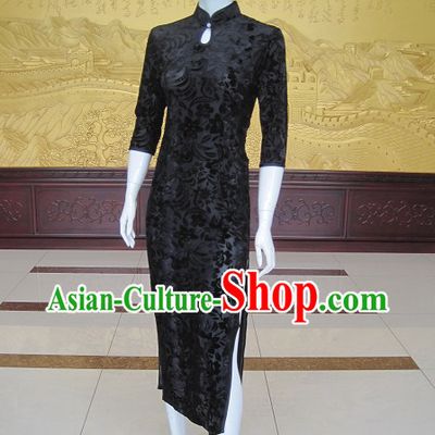 Chinese Classic Black Flower Cheongsam