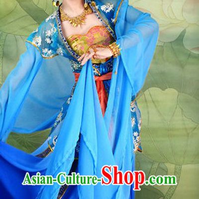 Ancient Chinese Imperial Palace Blue Long Sleeve Dance Costumes and Hair Accessories