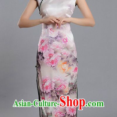 Traditional Chinese Silk Peony Qipao Cheongsam for Women