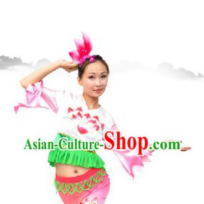 Chinese Classic Lotus Dance Costume and Lotus Headwear Complete Set