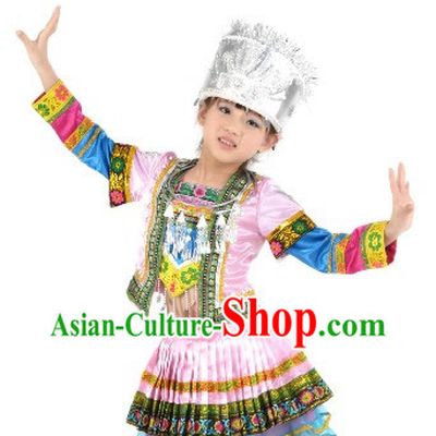 Chinese Miao Ethnic National Dance Costume and Silver Crown Complete Set for Children