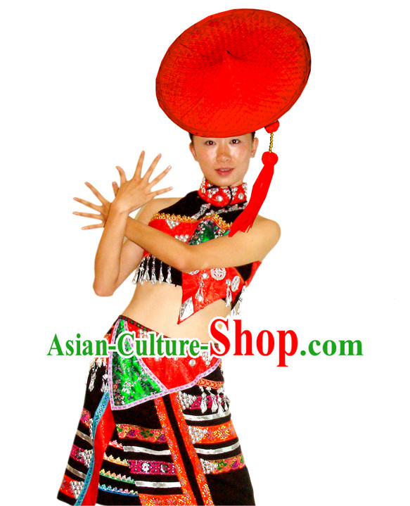 Chinese Hua Yao Dai Minority Dance Costume and Bamboo Hat for Women