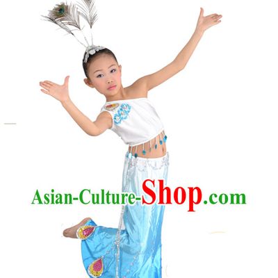 Chinese Dai Ethnic Peacock Dance Costumes and Hair Accessories for Kids