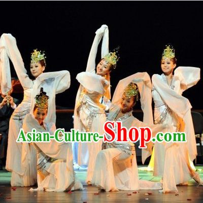 Ancient Chinese Palace White Fairy Classical Dancing Costumes and Hair Accessories for Women