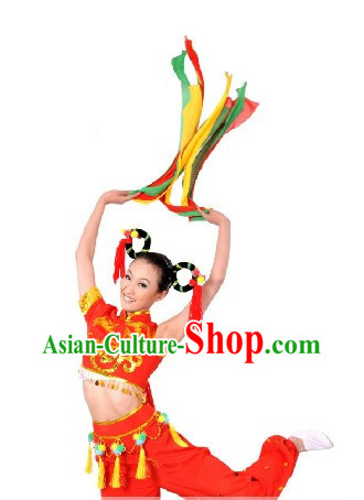 Chinese Red Yangge Ribbon Dance Costume and Hair Accessories for Women