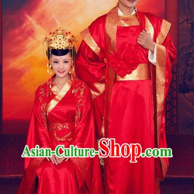 Chinese Classical Wedding Dresses and Hats Two Complete Sets for Brides and Bridegroom
