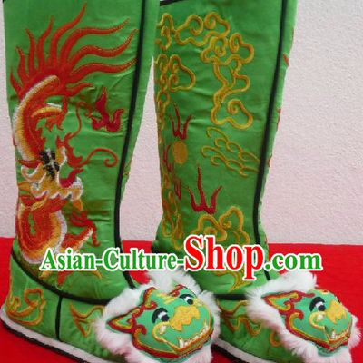 Chinese Classical Green Long Dragon Boots for Men