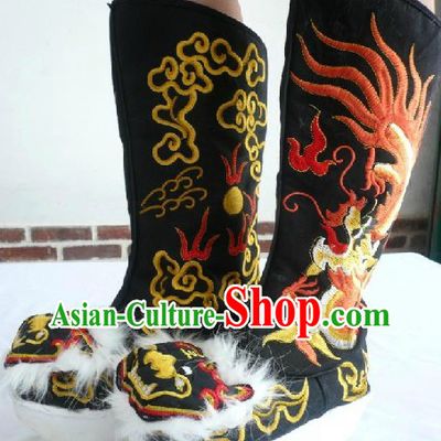 Chinese Opera General Black Embroidered Dragon Long Boots for Men