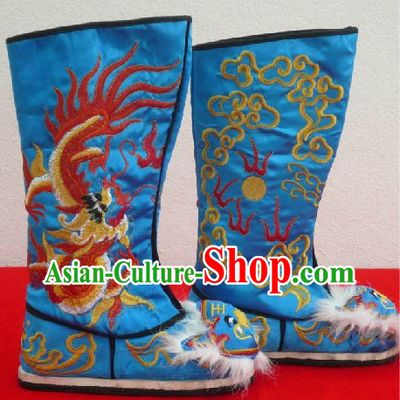 Chinese Classical Blue Embroidered Dragon Long Boots for Men