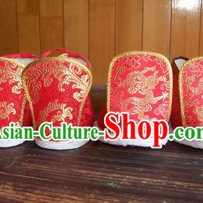 Chinese Classical Red Phoenix and Dragon Wedding Shoes for Bride and Bridegroom