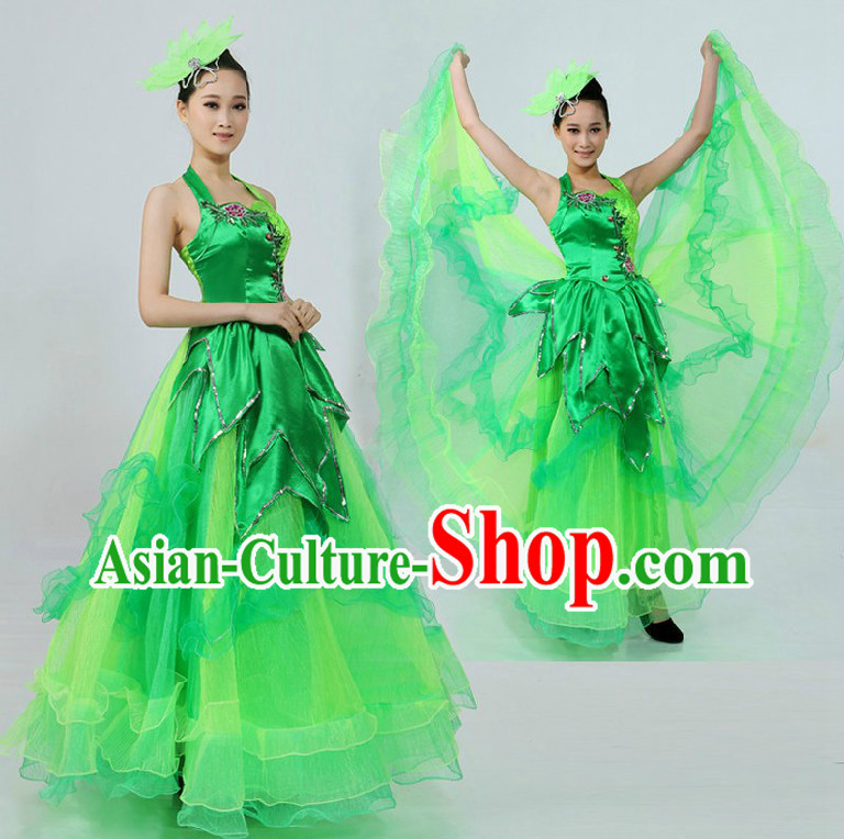 Chinese Classical Green Leaf Dance Costumes and Headpiece for Women
