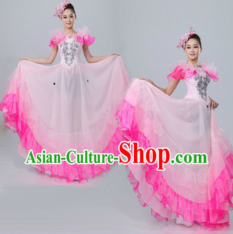 Chinese Classical Pink Flower Dance Costume and Headpiece for Women