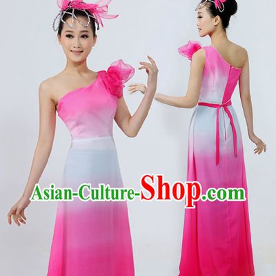 Chinese Pink and White Color Transition Group Dance Costume and Headpiece