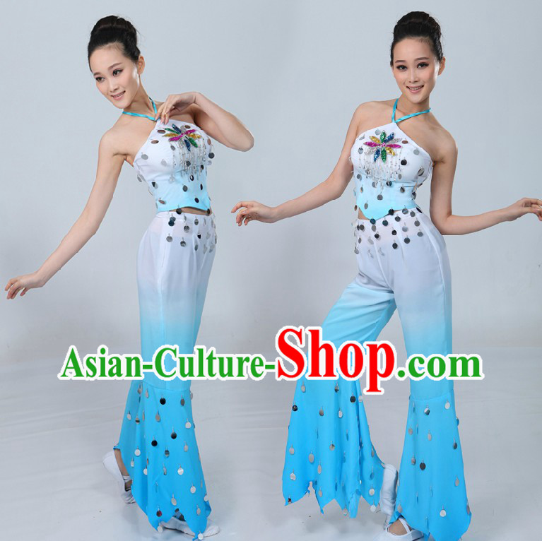 Traditional Chinese Blue and White Fan Dance Costume Complete Set
