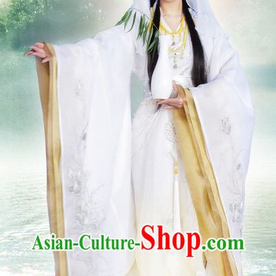 Ancient Chinese Guan Yin Buddha White Costume and Hair Accessories Complete Set