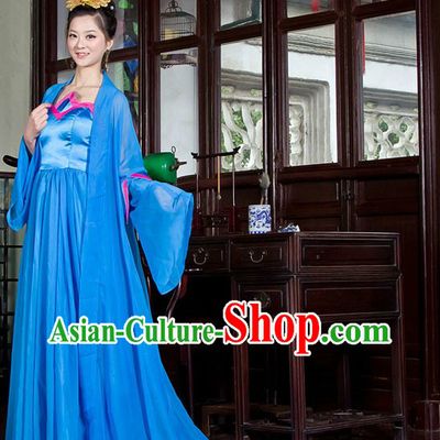 Ancient Chinese Blue Long Tail Hanfu Clothing for Women