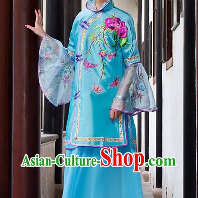 Traditional Chinese Blue High Collar Butterfly and Flower Clothing