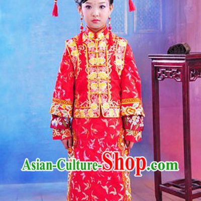 Traditional Chinese Qing Dynasty Princess Clothing and Headpiece for Children