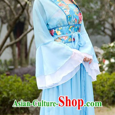 Traditional Chinese Blue Wide Sleeve Clothing for Women