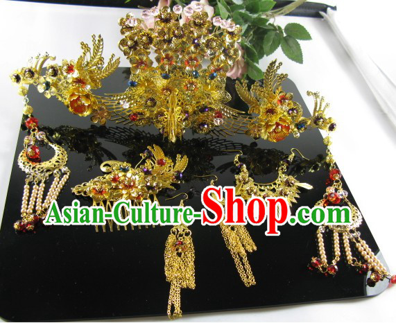 Chinese Classical Handmade Wedding Phoenix Hair Accessories and Earrings for Brides