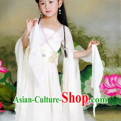 Ancient Chinese Xiao Long Nv White Fairy Costume and Wig for Children