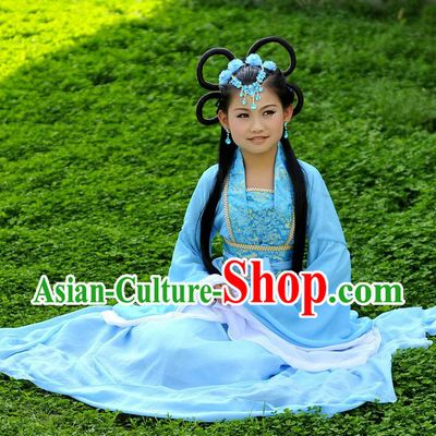 Ancient Chinese Blue Fairy Costume and Wig for Children