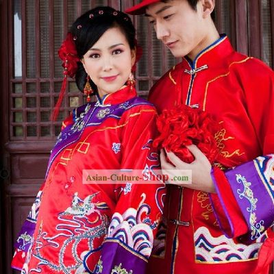 Traditional Red Chinese Dragon and Phoenix Wedding Dresses for Men and Women