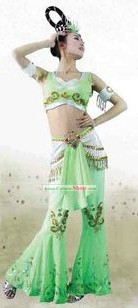 Traditional Chinese Palace Green Dance Costumes and Wig for Women