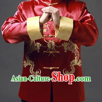 Traditional Chinese Red Mandarin Embroidered Dragon Blouse