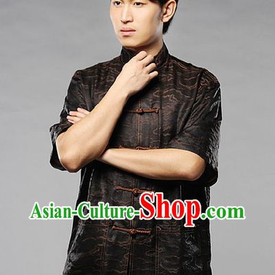 Traditional Chinese Silk Black Auspicious Cloud Blouse for Men
