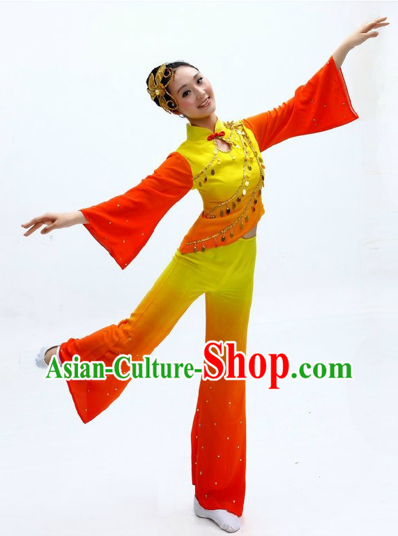 Chinese Classical Red and Yellow Color Transition Fan Dance Costume for Women