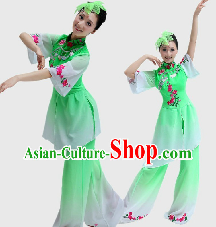 Chinese Classical Stage Performance Green Dance Costume and Headpiece for Women