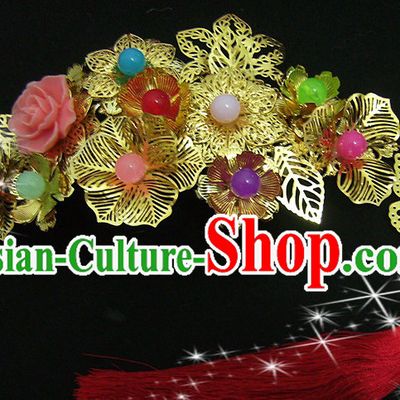Traditional Chinese Xiu He Mandarin Wedding Golden Flower Hair Accessories with Red Tassels
