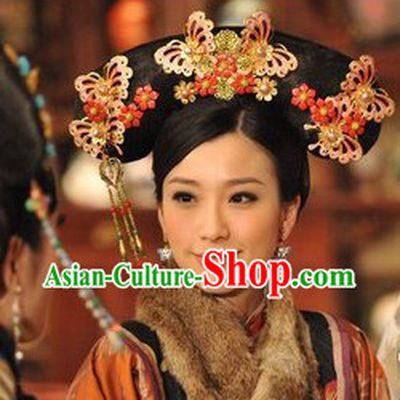 Traditional Chinese Qing Dynasty Princess Manchu Wig and Butterfly Hair Accessories