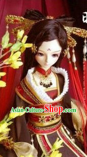 Ancient Chinese Handmade Princess Long Red Tassel Wig and Golden Hair Accessories Complete Set