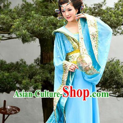 Ancient Chinese Blue Long Tail Clothes for Women