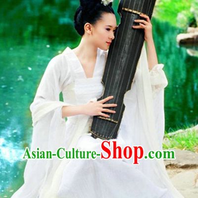 Ancient Chinese White Wise Lady Costumes with Long Scarf