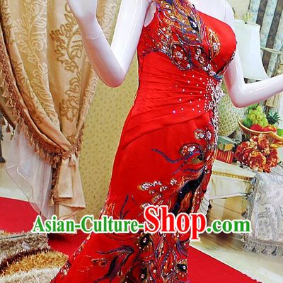 Chinese Classical Red Phoenix Long Evening Dress