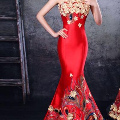 Chinese Romantic Blue and Red Evening Dress
