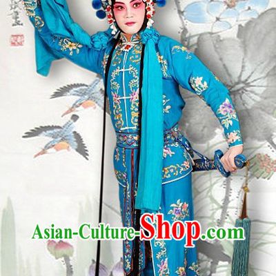 Chinese Peking Opera Blue Dance Costumes and Hat Complete Set