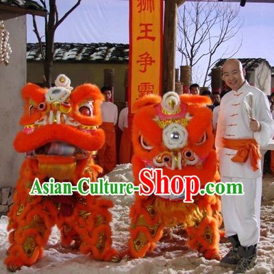 Orange Long Wool Lion Dance Mask Costumes Complete Set