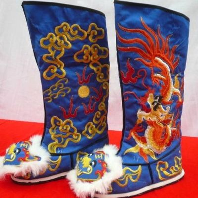 Chinese Classical Blue Embroidered Dragon Boots