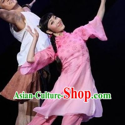 Chinese Classical Pink Flower Folk Dance Costume for Women