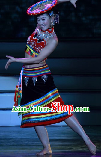 Chinese Folk Minority Dance Costumes and Bamboo Hat Complete Set for Women