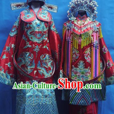 Ancient Chinese Wedding Dresses and Hats Two Sets for Men and Women