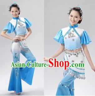 Traditional Chinese Blue and White Fan Dance Costume for Women