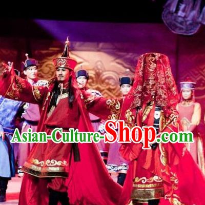 Ancient Chinese Mongolian Wedding Clothing and Hats for Men and Women