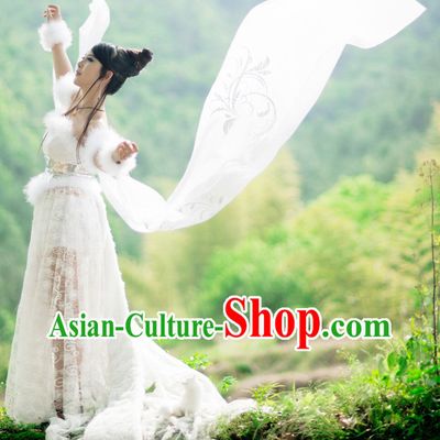 Ancient Chinese Fox Fairy White Costumes Complete Set