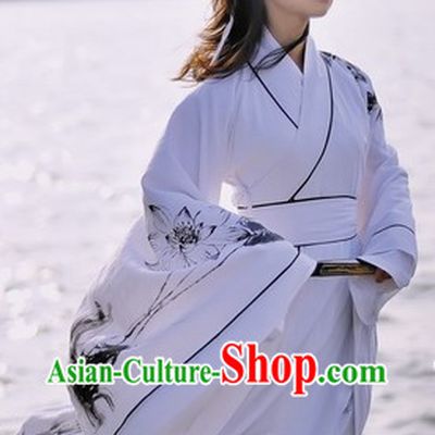 Ancient Chinese Hand Painted Lotus Hanfu Clothing Complete Set for Women
