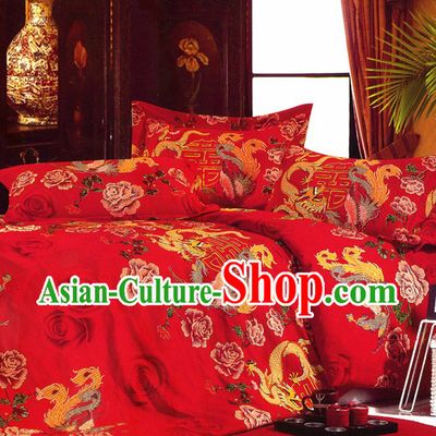 Chinese Classical Dragon and Phoenix Wedding Sheet Four Pieces Wedding Set
